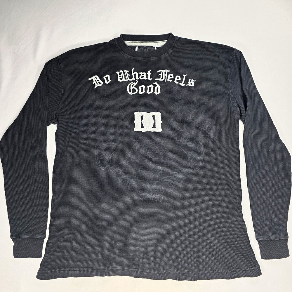 Vintage Y2K Do Denim "Do What Feels Good" Men's Waffle Knit Thermal Shirt L Grey